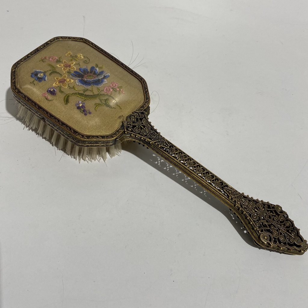 HAIR BRUSH, Vintage Gold Embroidered Back